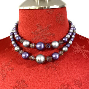 Vintage Mid Century Two Strand Choker Necklace Purple Gray Beaded Signed Japan